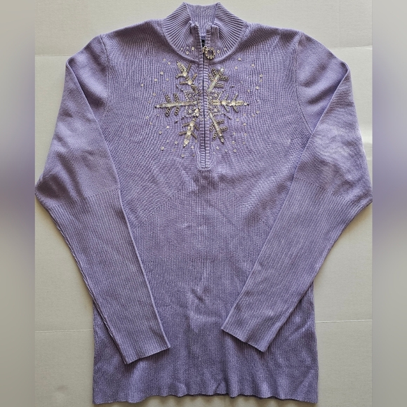 NWT Boston Proper Lavender Snowflake Embellished Zip Mock Neck Sweater L Ribbed - Picture 3 of 13